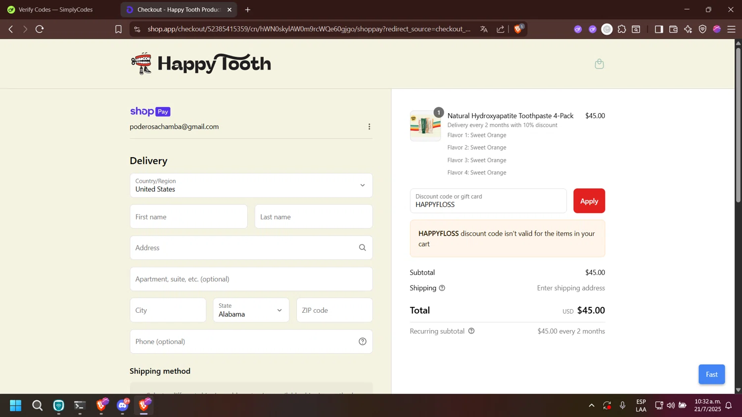 Happy Tooth discount code screenshot showing code HAPPYFLOSS applied at Happy Tooth checkout page. Uploaded by SimplyCodes community member esperanza on Jul 21, 2025