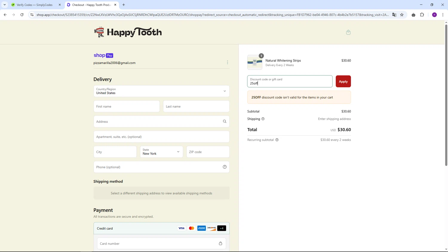 Happy Tooth discount code screenshot showing code 25off applied at Happy Tooth checkout page. Uploaded by SimplyCodes community member AVAMUSTANG on Apr 8, 2025