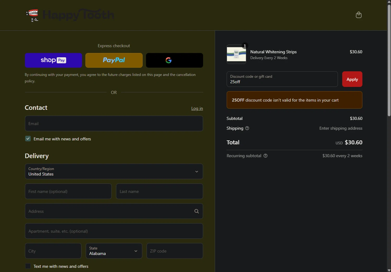 Happy Tooth discount code screenshot showing code 25off applied at Happy Tooth checkout page. Uploaded by SimplyCodes community member MoneyWizard9842 on Jun 5, 2025