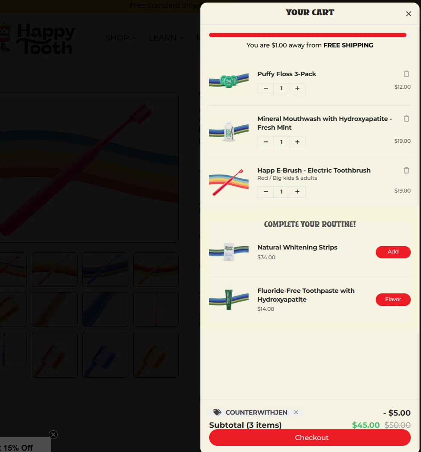 Happy Tooth discount code screenshot showing code COUNTERWITHJEN applied at Happy Tooth checkout page. Uploaded by SimplyCodes community member BonusDefender8823 on Mar 27, 2025
