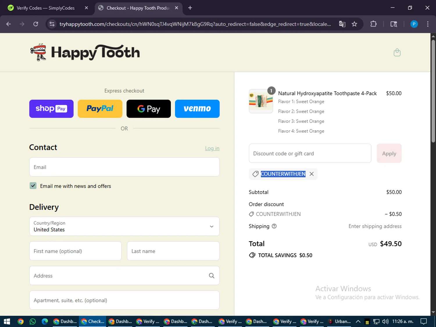 Happy Tooth discount code screenshot showing code COUNTERWITHJEN applied at Happy Tooth checkout page. Uploaded by SimplyCodes community member juiceWRLD on Jul 21, 2025