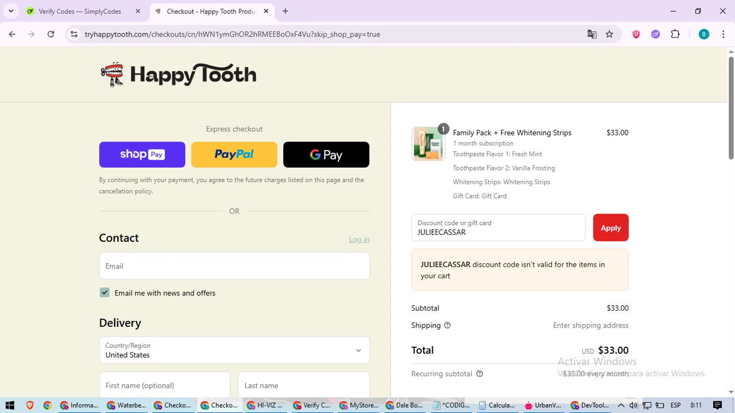 Happy Tooth discount code screenshot showing code JULIEECASSAR applied at Happy Tooth checkout page. Uploaded by SimplyCodes community member QuestScholar5572 on Aug 19, 2025