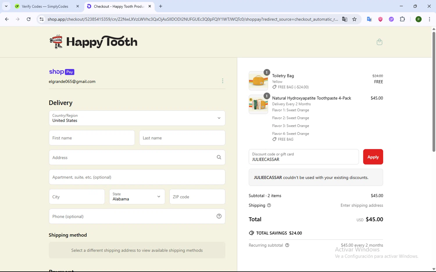 Happy Tooth discount code screenshot showing code JULIEECASSAR applied at Happy Tooth checkout page. Uploaded by SimplyCodes community member WonderWarden4709 on Jun 22, 2025