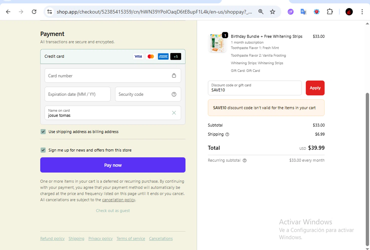 Happy Tooth discount code screenshot showing code SAVE10 applied at Happy Tooth checkout page. Uploaded by SimplyCodes community member Francisco01 on Sep 19, 2025