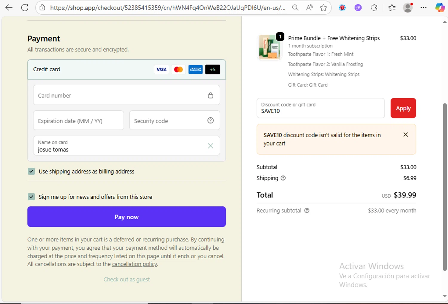 Happy Tooth discount code screenshot showing code SAVE10 applied at Happy Tooth checkout page. Uploaded by SimplyCodes community member Franco20 on Oct 18, 2025