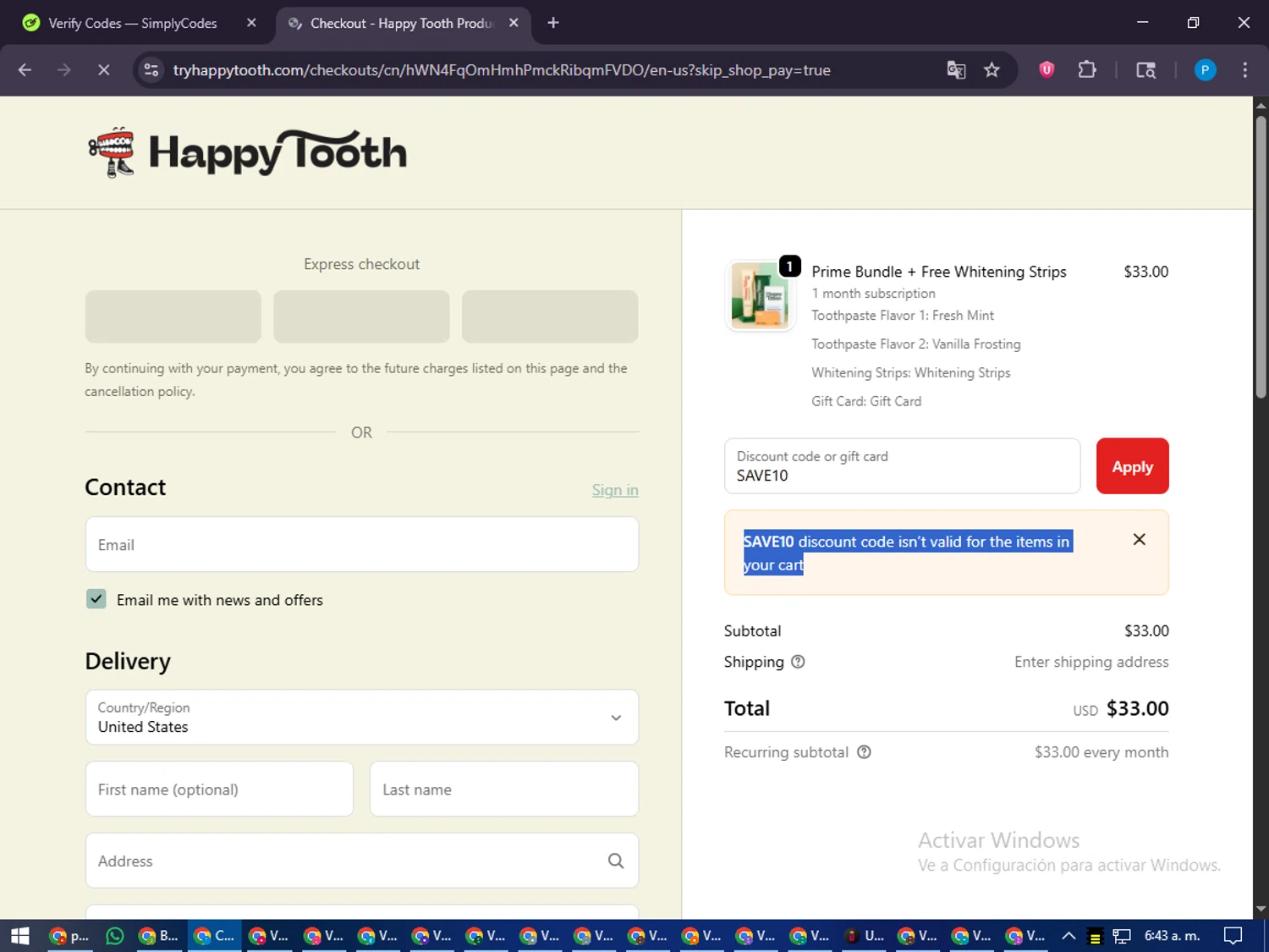 Happy Tooth discount code screenshot showing code SAVE10 applied at Happy Tooth checkout page. Uploaded by SimplyCodes community member juiceWRLD on Oct 18, 2025