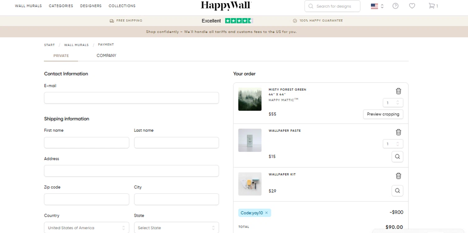 HappyWall discount code screenshot showing code YAY10 applied at HappyWall checkout page. Uploaded by SimplyCodes community member MarielisPb on Jun 9, 2025