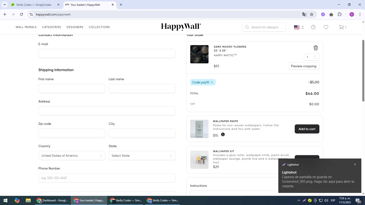 HappyWall discount code screenshot showing code YAY10 applied at HappyWall checkout page. Uploaded by SimplyCodes community member Son_Goku on May 17, 2025