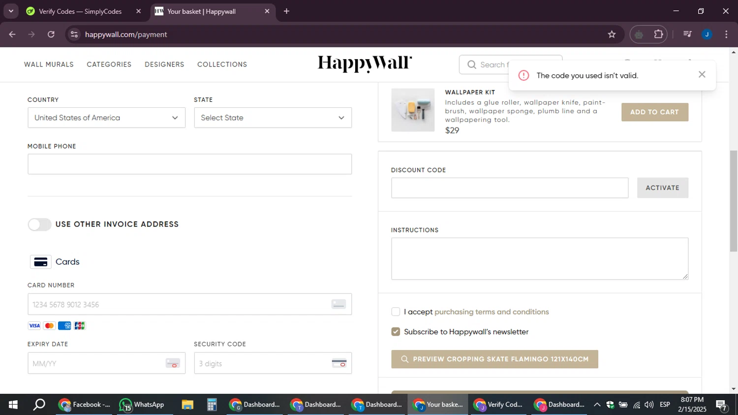 HappyWall discount code screenshot showing code THESOUTHERNHOSTHW applied at HappyWall checkout page. Uploaded by SimplyCodes community member noesmith34ur on Feb 16, 2025