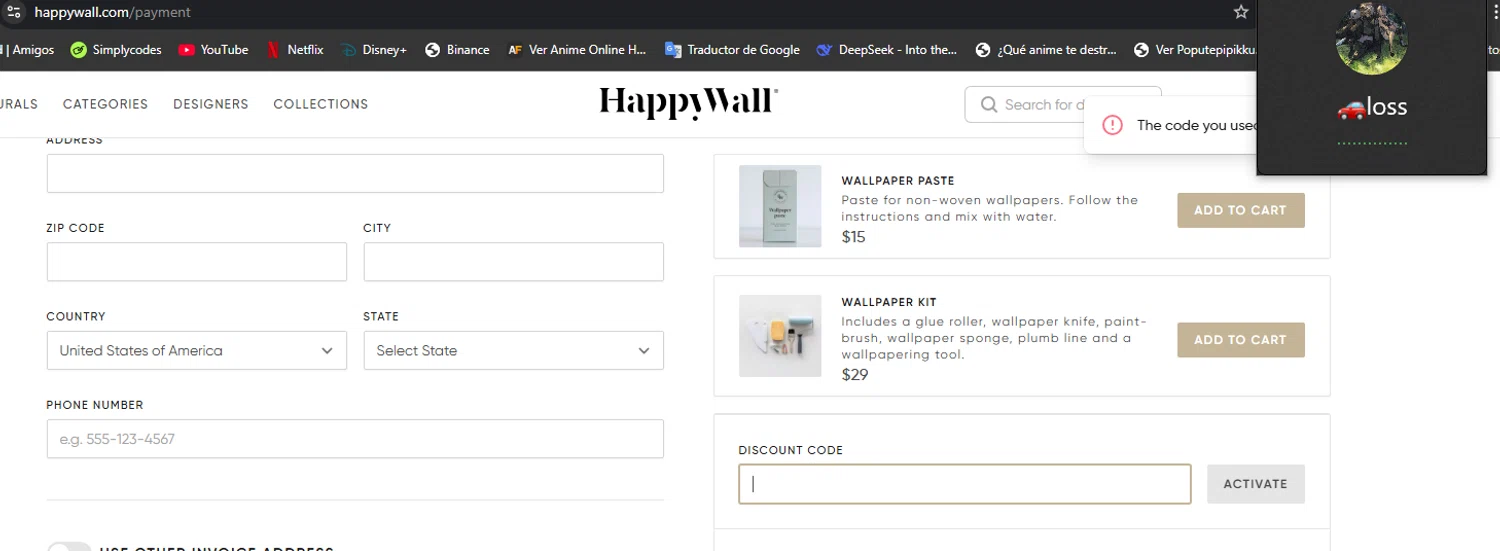 HappyWall discount code screenshot showing code THEGARBUTTHOUSEHW applied at HappyWall checkout page. Uploaded by SimplyCodes community member Hisoka on Apr 29, 2025