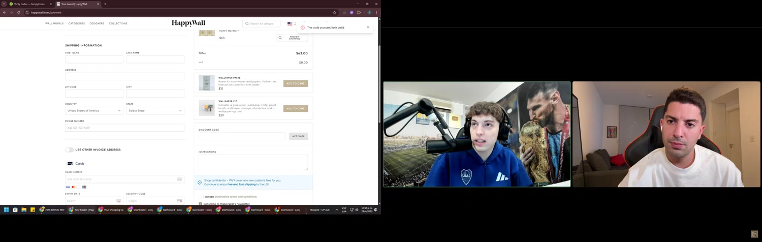 HappyWall discount code screenshot showing code THEGARBUTTHOUSEHW applied at HappyWall checkout page. Uploaded by SimplyCodes community member GloriousPioneer2942 on Apr 29, 2025