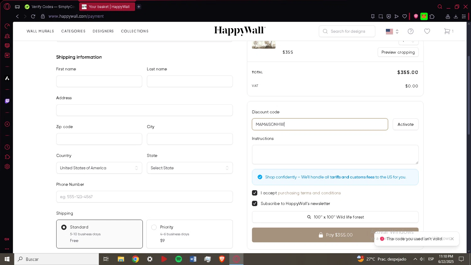 HappyWall discount code screenshot showing code MAMAISONHW applied at HappyWall checkout page. Uploaded by SimplyCodes community member ACIDOSULFURICO on Jun 23, 2025