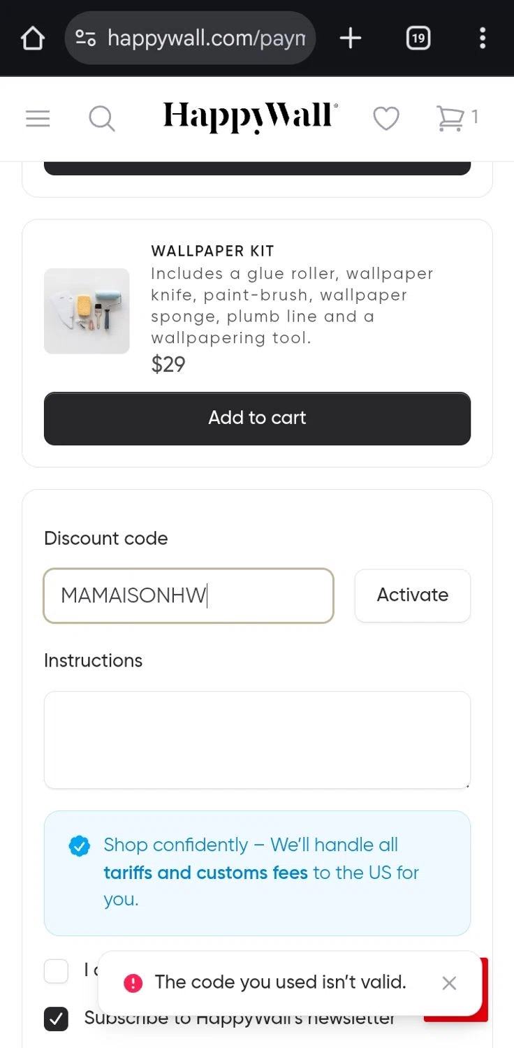 HappyWall discount code screenshot showing code MAMAISONHW applied at HappyWall checkout page. Uploaded by SimplyCodes community member ValiantCurator3344 on Jun 23, 2025