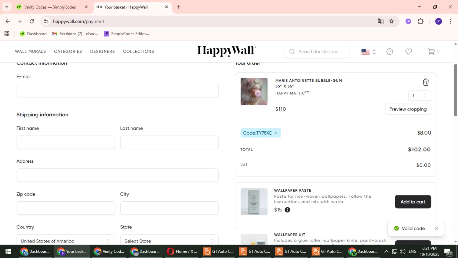 HappyWall discount code screenshot showing code TY78XE applied at HappyWall checkout page. Uploaded by SimplyCodes community member Suicune on Oct 10, 2025