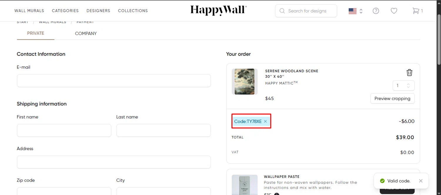 HappyWall discount code screenshot showing code TY78XE applied at HappyWall checkout page. Uploaded by SimplyCodes community member noworries on Sep 11, 2025