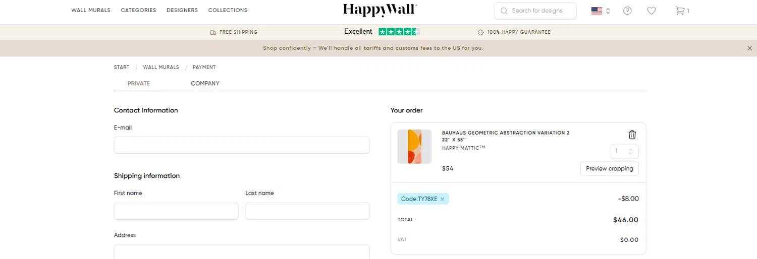 HappyWall discount code screenshot showing code TY78XE applied at HappyWall checkout page. Uploaded by SimplyCodes community member OnlywM on Aug 5, 2025