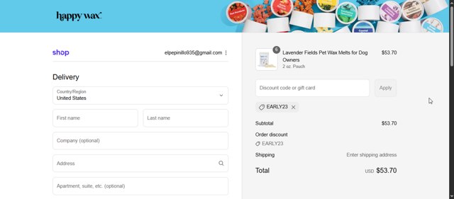 Happy Wax checkout page showing Happy Wax discount code box | Screenshot taken by SimplyCodes community member on Sep 4, 2025