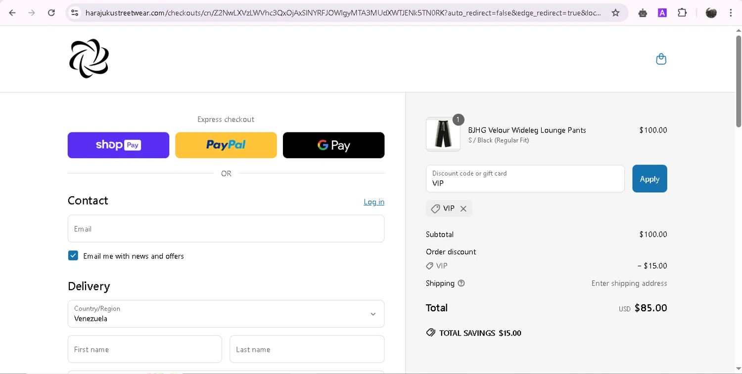 Harajuku Streetwear discount code screenshot showing code VIP applied at Harajuku Streetwear checkout page. Uploaded by SimplyCodes community member JASTIFY on Apr 28, 2025