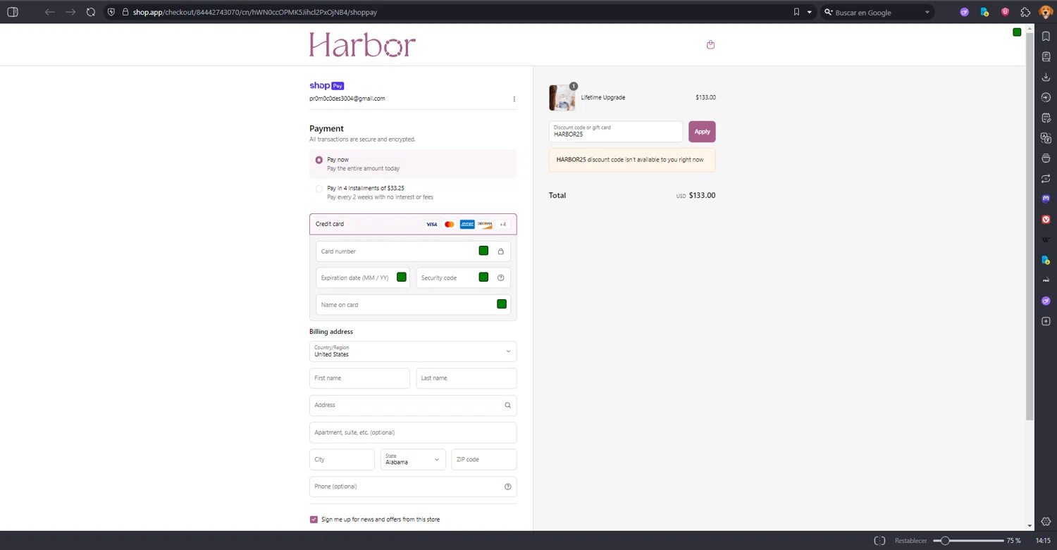 Harbor Baby Monitor discount code screenshot showing code HARBOR25 applied at Harbor Baby Monitor checkout page. Uploaded by SimplyCodes community member MRDEAL on Jul 14, 2025