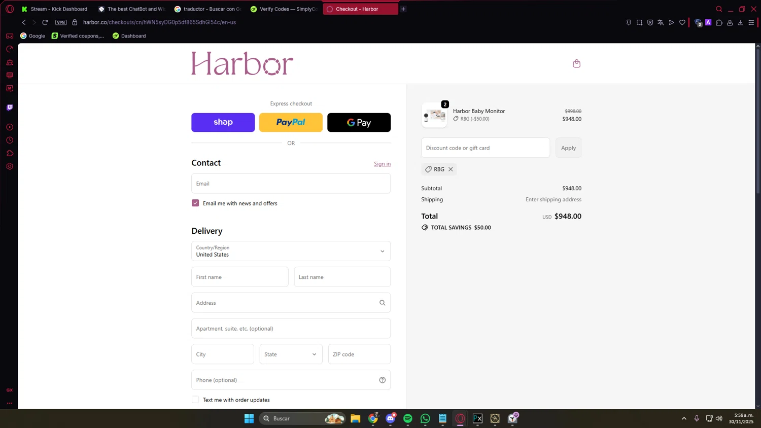 Harbor Baby Monitor discount code screenshot showing code RBG applied at Harbor Baby Monitor checkout page. Uploaded by SimplyCodes community member PrimeVirtuoso9679 on Nov 30, 2025