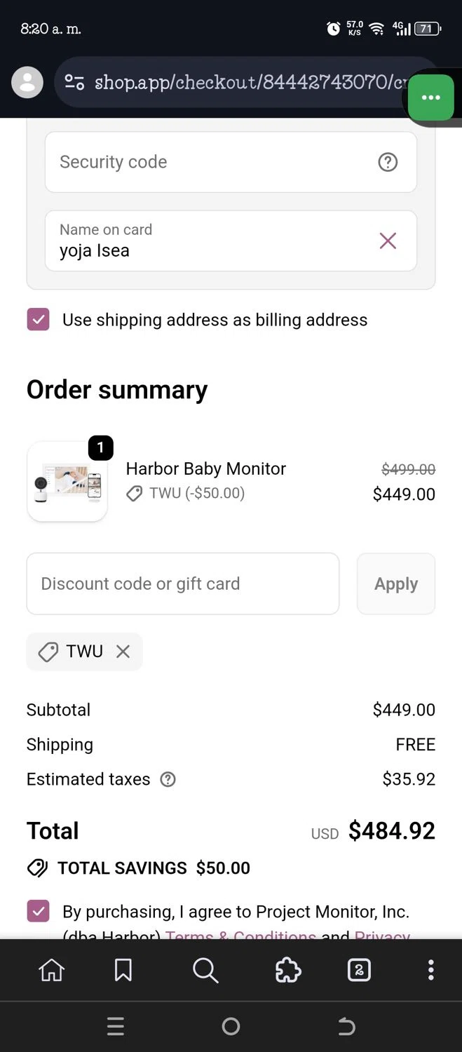 Harbor Baby Monitor discount code screenshot showing code TWU applied at Harbor Baby Monitor checkout page. Uploaded by SimplyCodes community member VillaloboY on Nov 5, 2025