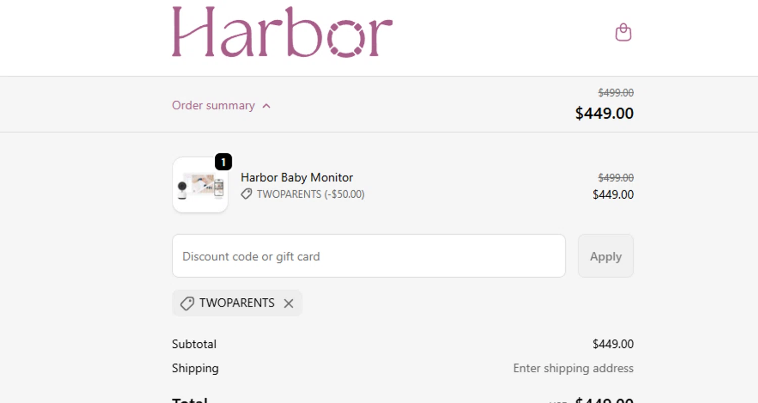 Harbor Baby Monitor discount code screenshot showing code TWOPARENTS applied at Harbor Baby Monitor checkout page. Uploaded by SimplyCodes community member ashe1986 on Nov 5, 2025