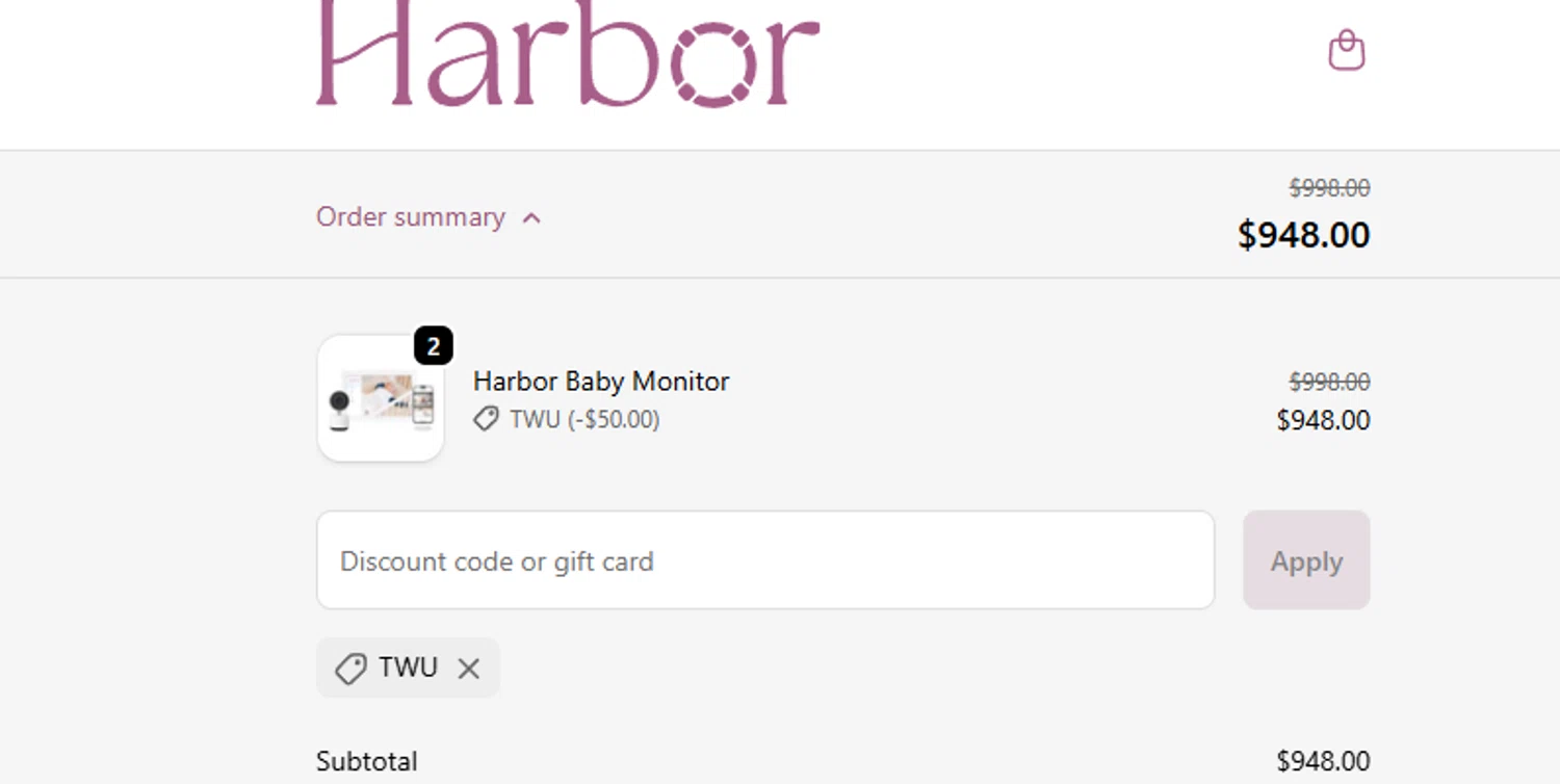 Harbor Baby Monitor discount code screenshot showing code TWU applied at Harbor Baby Monitor checkout page. Uploaded by SimplyCodes community member ashe1986 on Nov 5, 2025