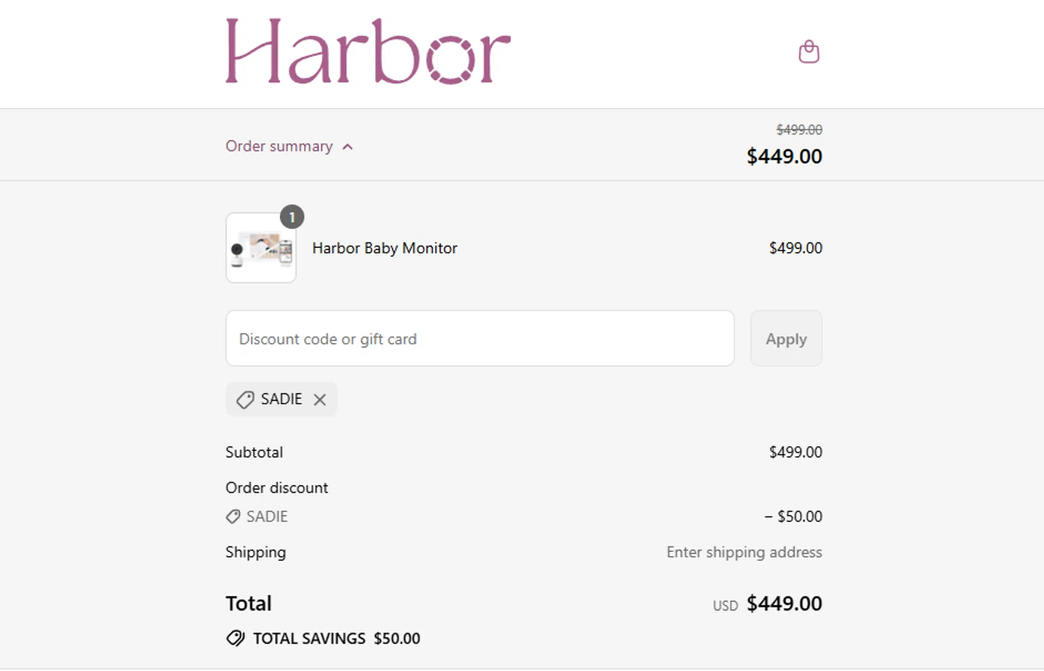 Harbor Baby Monitor discount code screenshot showing code SADIE applied at Harbor Baby Monitor checkout page. Uploaded by SimplyCodes community member ashe1986 on Aug 4, 2025