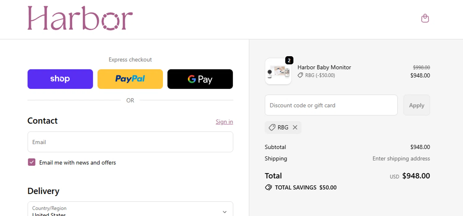 Harbor Baby Monitor discount code screenshot showing code RBG applied at Harbor Baby Monitor checkout page. Uploaded by SimplyCodes community member ashe1986 on Nov 5, 2025