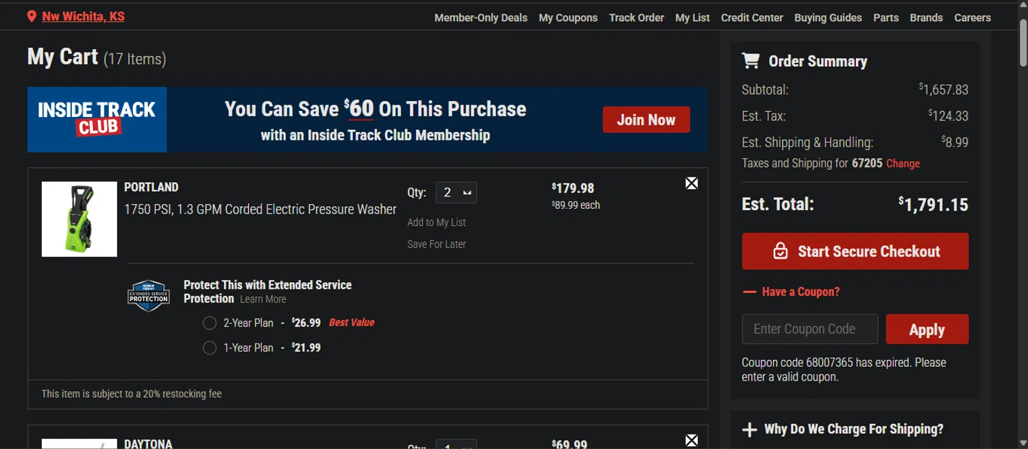 Harbor Freight promo code screenshot showing code 68007365 applied at Harbor Freight checkout page. Uploaded by SimplyCodes community member Nicoletorres on Aug 18, 2025