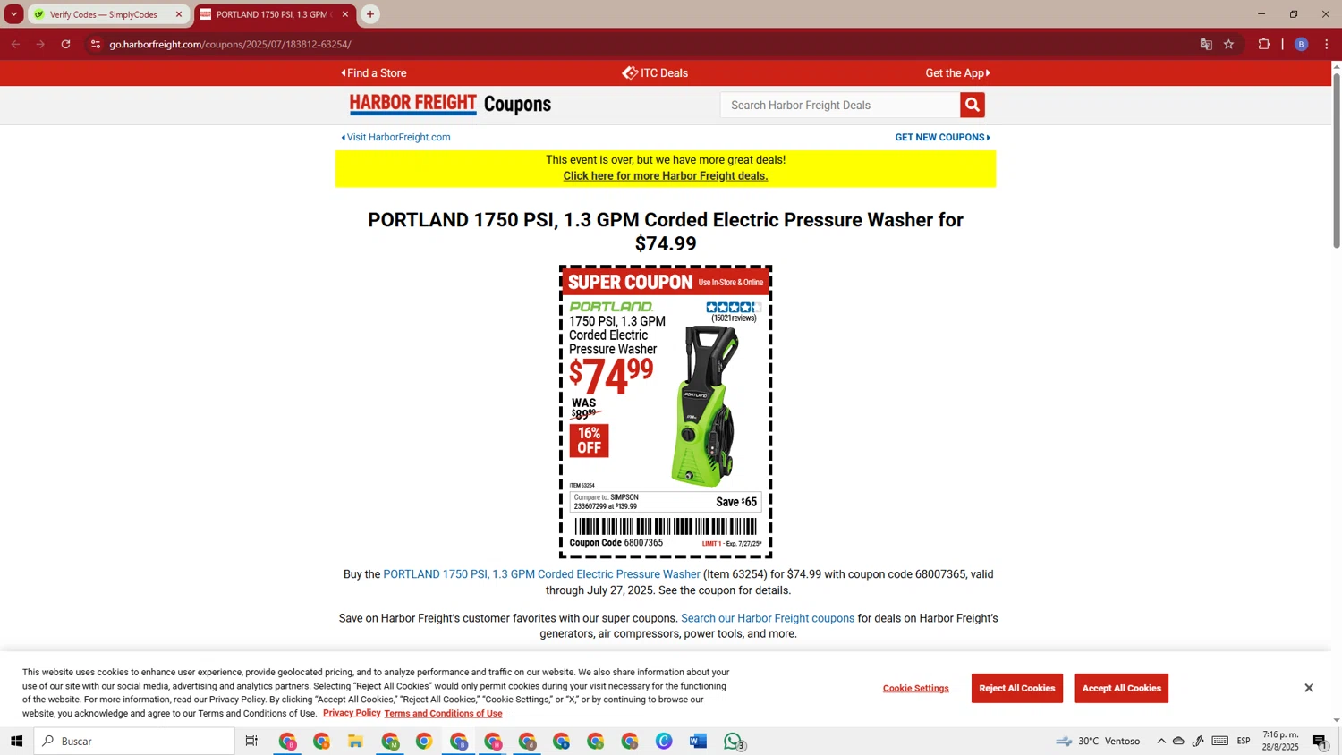 Harbor Freight promo code screenshot showing code 68007365 applied at Harbor Freight checkout page. Uploaded by SimplyCodes community member TokenSentinel5304 on Aug 28, 2025