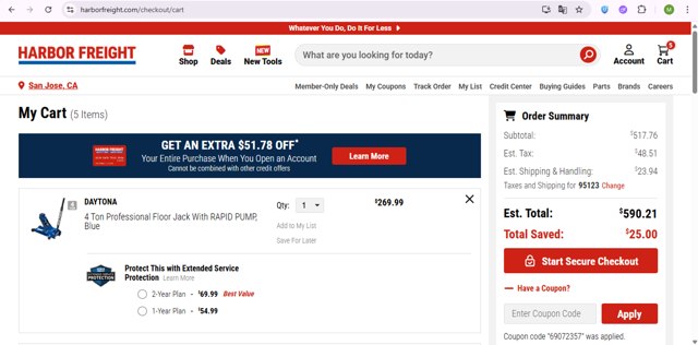 Harbor Freight checkout page showing Harbor Freight promo code box | Screenshot taken by SimplyCodes community member on Aug 14, 2025