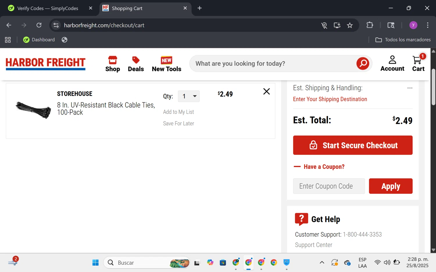 Harbor Freight promo code screenshot showing code 1248 applied at Harbor Freight checkout page. Uploaded by SimplyCodes community member FrugalKnight6753 on Aug 25, 2025