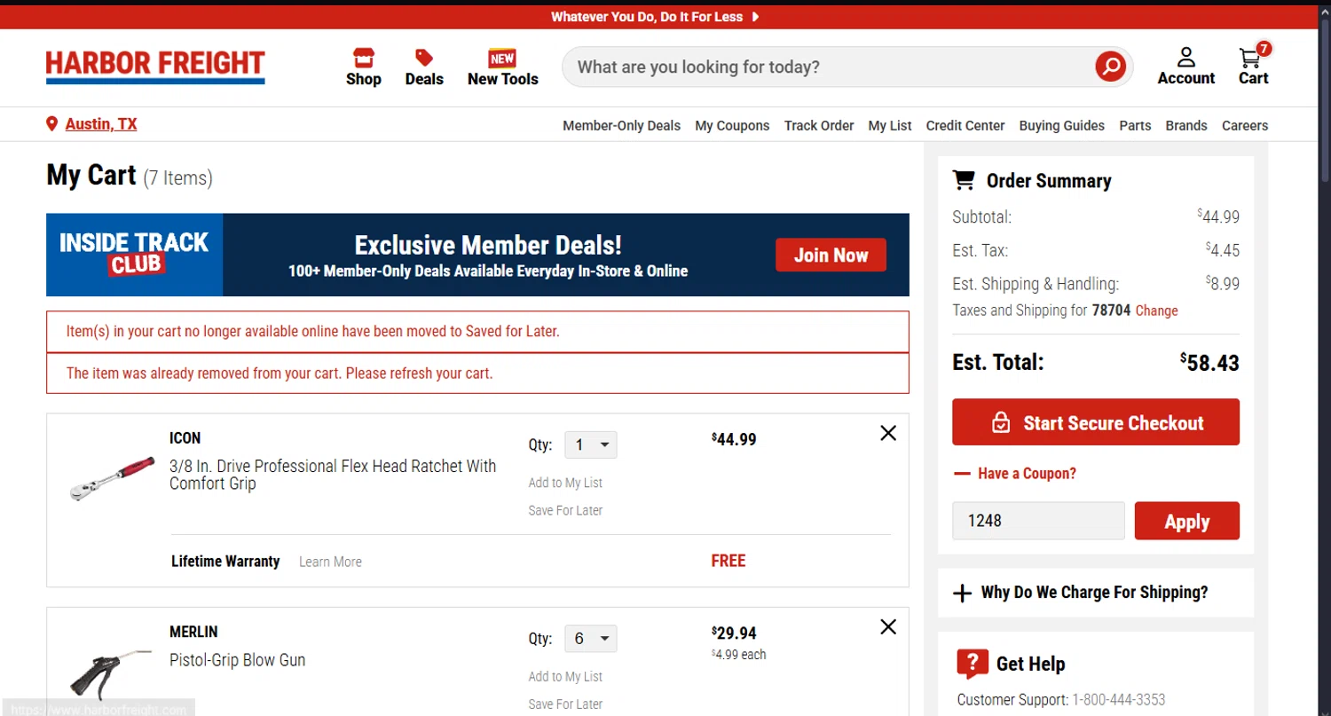 Harbor Freight promo code screenshot showing code 1248 applied at Harbor Freight checkout page. Uploaded by SimplyCodes community member MoneyScout2554 on Aug 25, 2025