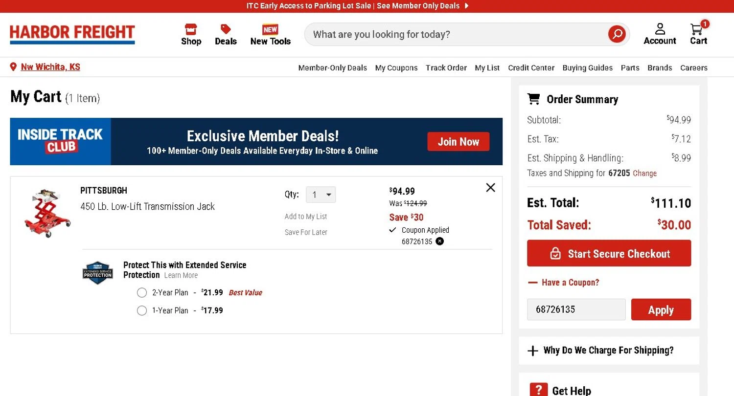 Harbor Freight promo code screenshot showing code 68726135 applied at Harbor Freight checkout page. Uploaded by SimplyCodes community member LAMINEJAMAL on Aug 14, 2025