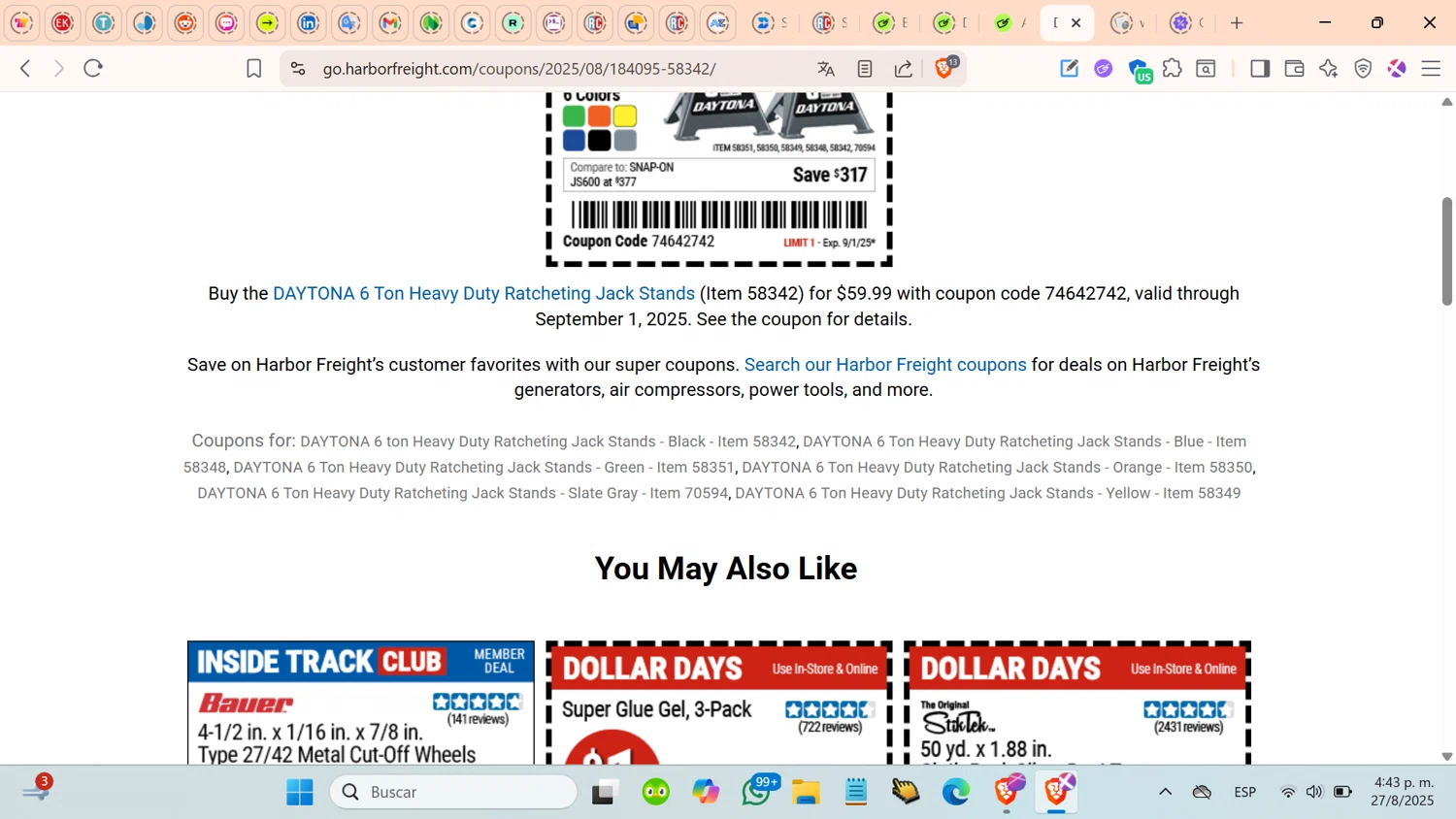 Harbor Freight promo code screenshot showing code 74642742 applied at Harbor Freight checkout page. Uploaded by SimplyCodes community member cosita on Aug 27, 2025