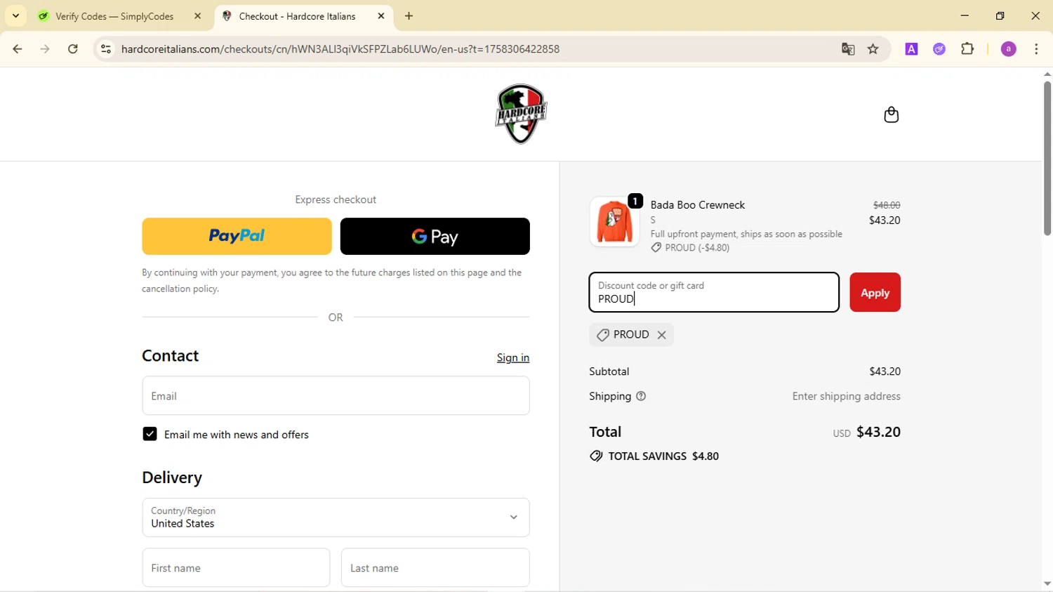 Hardcore Italians promo code screenshot showing code PROUD applied at Hardcore Italians checkout page. Uploaded by SimplyCodes community member CodeMaverick246 on Sep 19, 2025