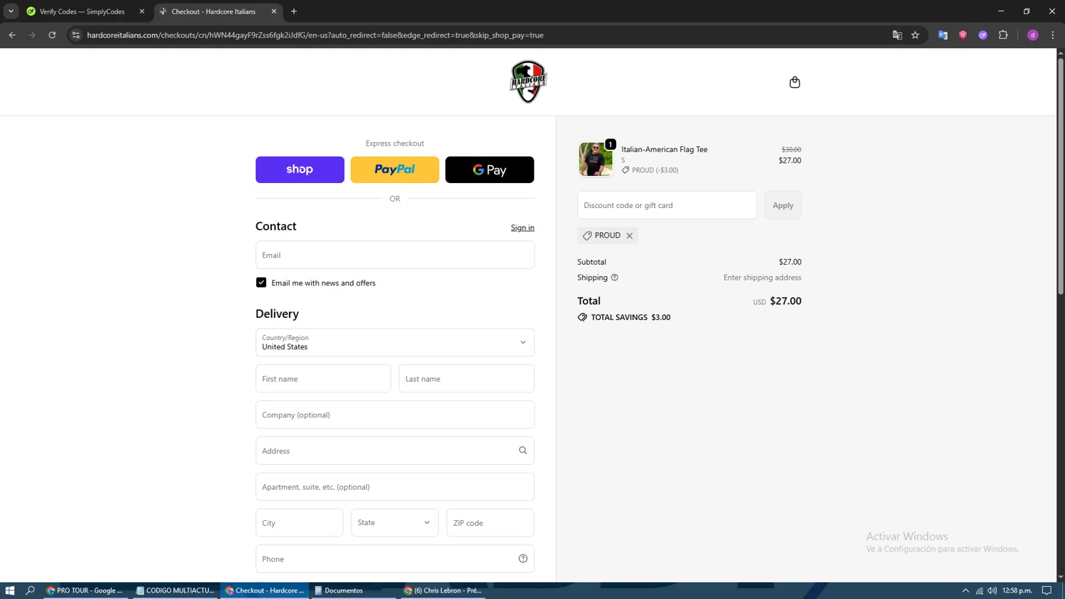 Hardcore Italians promo code screenshot showing code PROUD applied at Hardcore Italians checkout page. Uploaded by SimplyCodes community member SwiftFox1285 on Oct 13, 2025