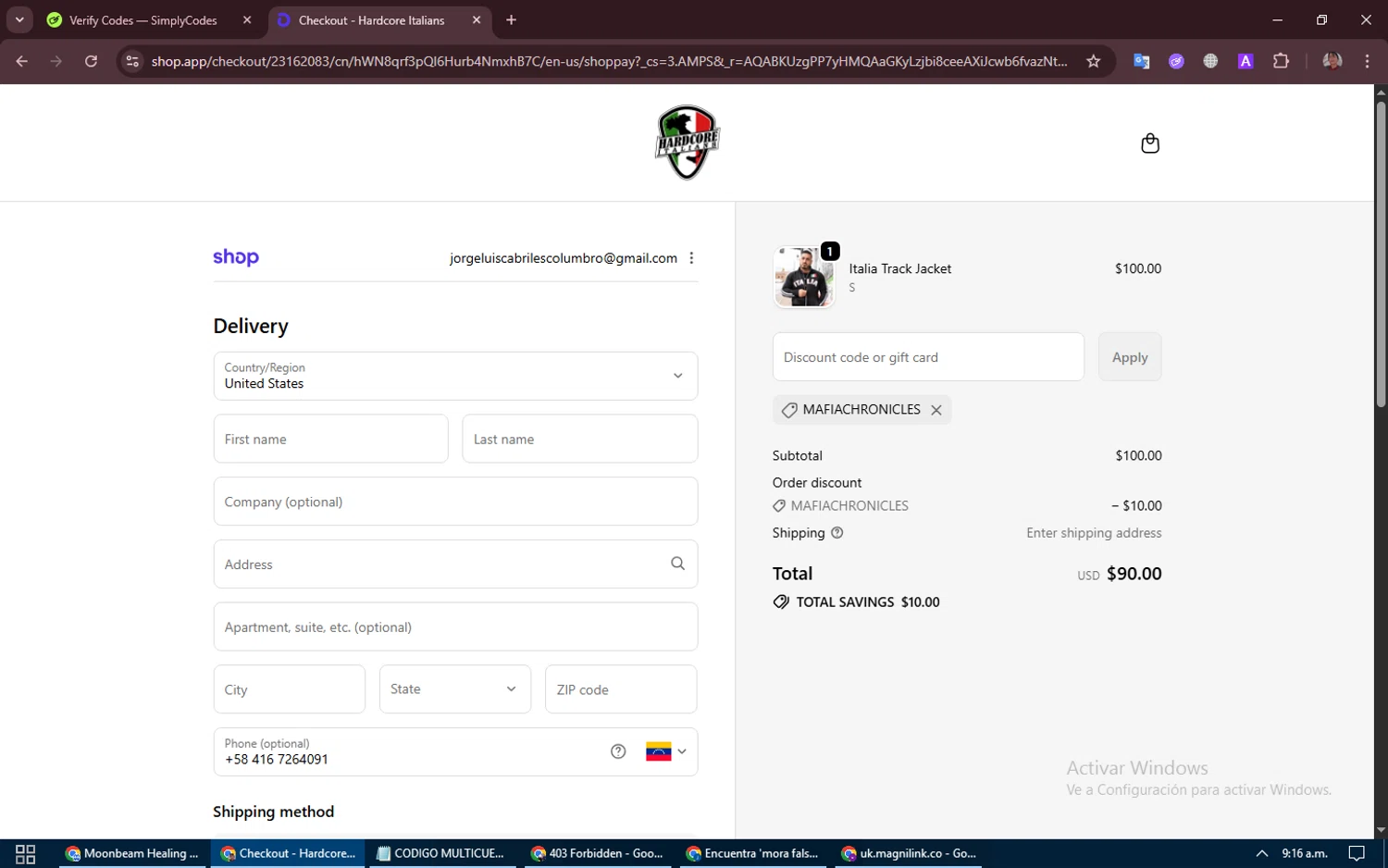 Hardcore Italians promo code screenshot showing code MAFIACHRONICLES applied at Hardcore Italians checkout page. Uploaded by SimplyCodes community member LuckyEagle8698 on Feb 16, 2026