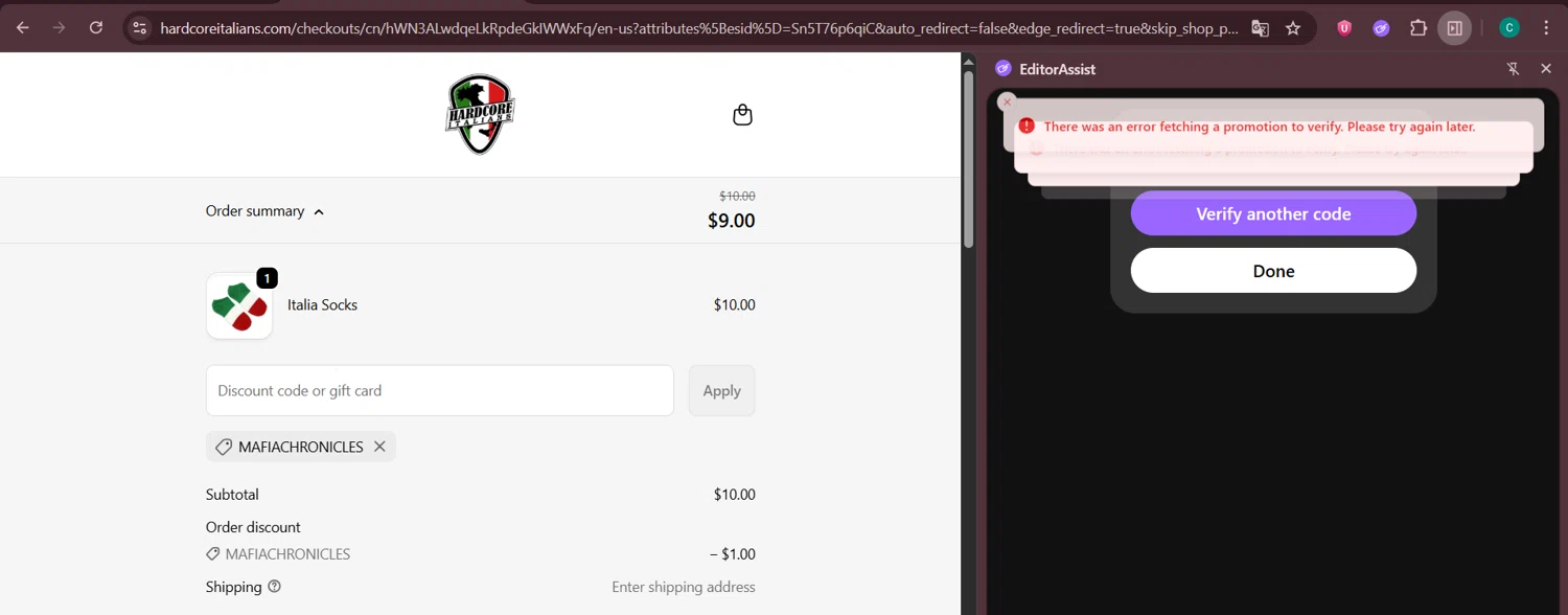 Hardcore Italians promo code screenshot showing code MAFIACHRONICLES applied at Hardcore Italians checkout page. Uploaded by SimplyCodes community member Negritoo on Sep 19, 2025