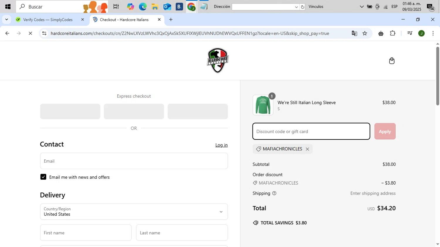 Hardcore Italians promo code screenshot showing code MAFIACHRONICLES applied at Hardcore Italians checkout page. Uploaded by SimplyCodes community member CleverFinder2843 on Mar 9, 2025