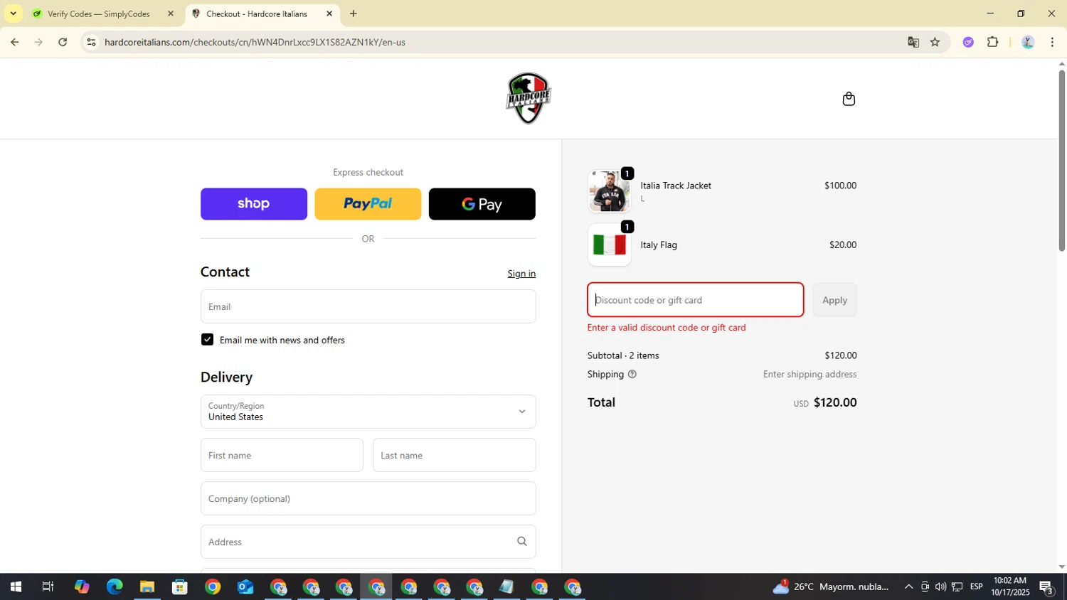 Hardcore Italians promo code screenshot showing code Mikeficara10 applied at Hardcore Italians checkout page. Uploaded by SimplyCodes community member CouponBoss4754 on Oct 17, 2025