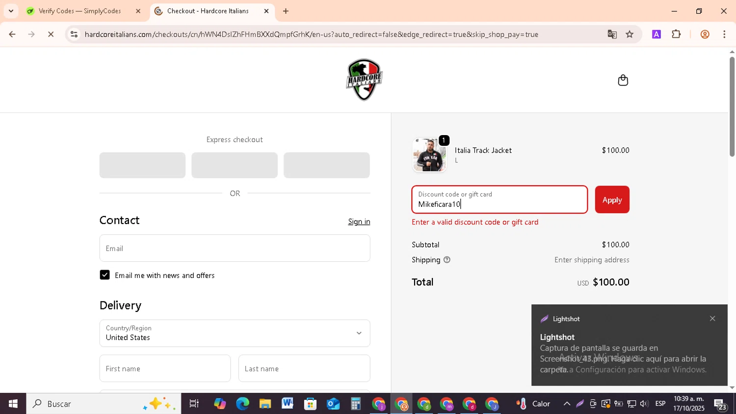 Hardcore Italians promo code screenshot showing code Mikeficara10 applied at Hardcore Italians checkout page. Uploaded by SimplyCodes community member RebateCollector5909 on Oct 17, 2025