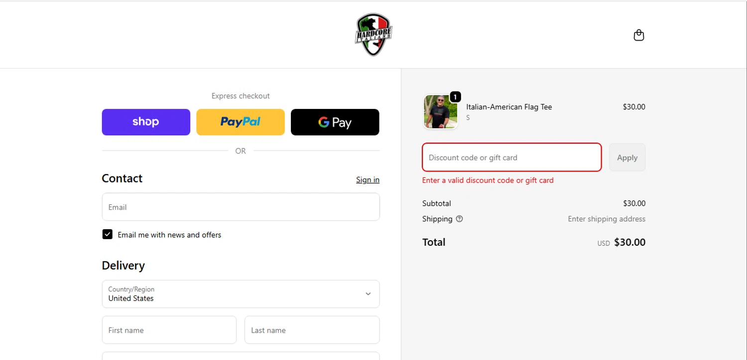 Hardcore Italians promo code screenshot showing code Mikeficara10 applied at Hardcore Italians checkout page. Uploaded by SimplyCodes community member xHRxUltrax on Oct 17, 2025