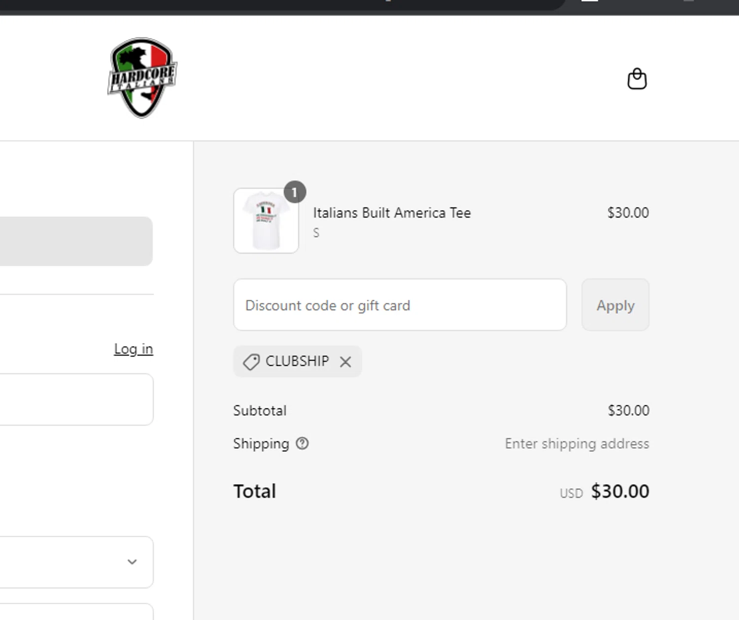 Hardcore Italians promo code screenshot showing code CLUBSHIP applied at Hardcore Italians checkout page. Uploaded by SimplyCodes community member LALOCOMOTORA10 on Jun 24, 2025