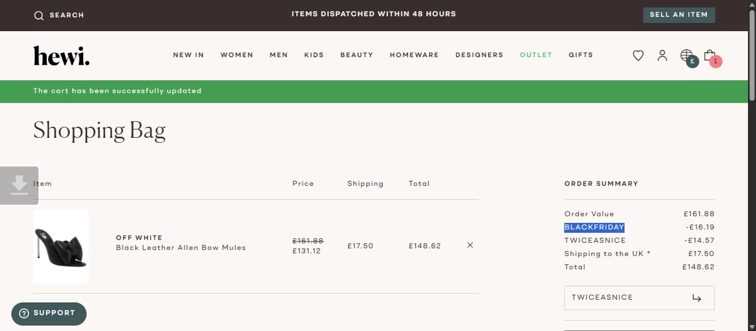 Hardly Ever Worn It promo code screenshot showing code BLACKFRIDAY applied at Hardly Ever Worn It checkout page. Uploaded by SimplyCodes community member 111111 on Nov 29, 2025