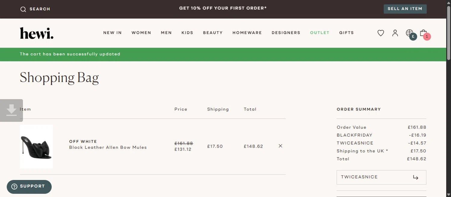 Hardly Ever Worn It promo code screenshot showing code TWICEASNICE applied at Hardly Ever Worn It checkout page. Uploaded by SimplyCodes community member 111111 on Nov 29, 2025