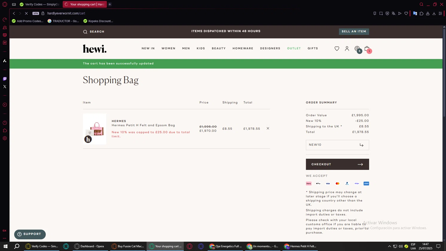 Hardly Ever Worn It promo code screenshot showing code new10 applied at Hardly Ever Worn It checkout page. Uploaded by SimplyCodes community member BANKAI on Jul 25, 2025