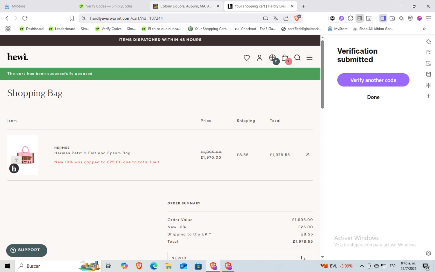 Hardly Ever Worn It promo code screenshot showing code new10 applied at Hardly Ever Worn It checkout page. Uploaded by SimplyCodes community member Rayyyyyy on Jul 25, 2025