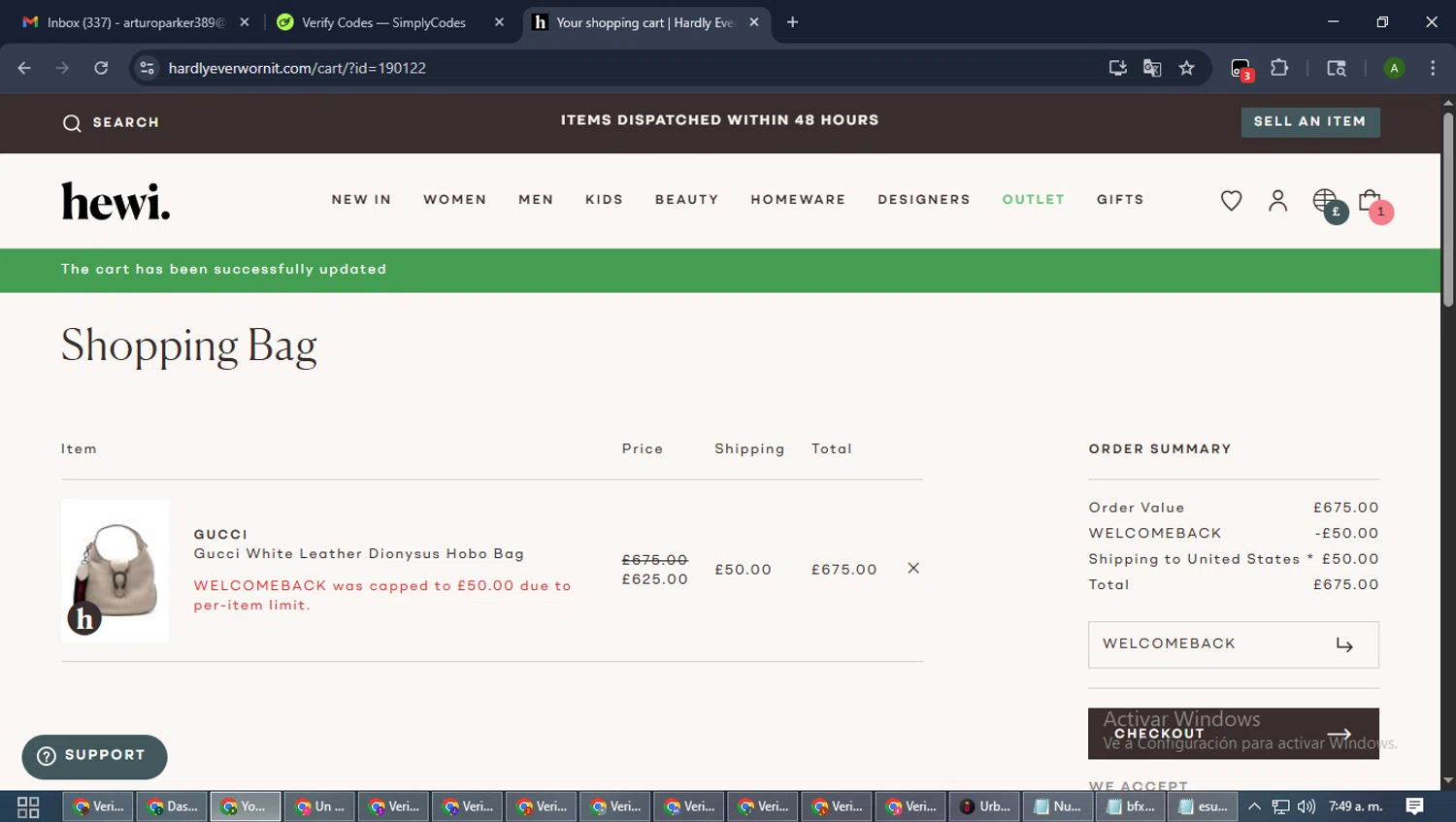 Hardly Ever Worn It promo code screenshot showing code Welcomeback applied at Hardly Ever Worn It checkout page. Uploaded by SimplyCodes community member CashLynx5338 on Sep 26, 2025
